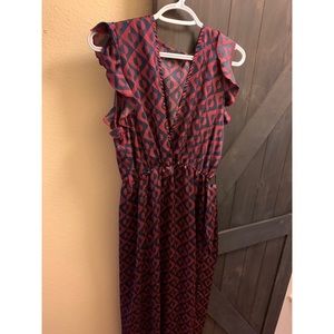 navy geo print satin frill shoulder split midi dress